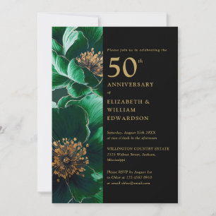 Invitation Vert Floral Noir Et Or Chic 50e Anniversaire
