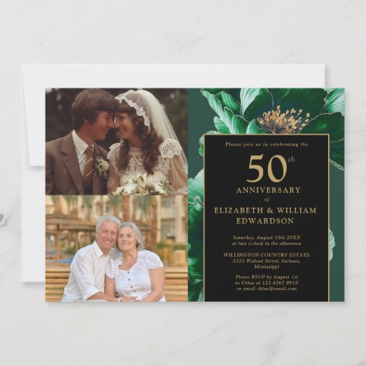 Invitation Vert Floral Noir Or 50e Anniversaire 2 Photo (Devant)