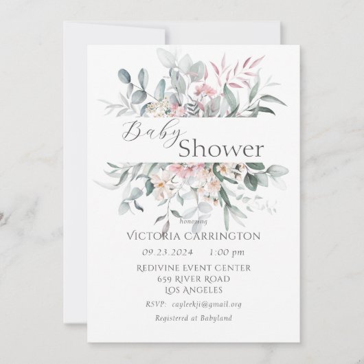 Invitation Vert floral rose Élégant Baby shower (Devant)