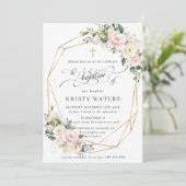 Invitation Vert floral rose ivoire Baptême Géométrique (Debout devant)