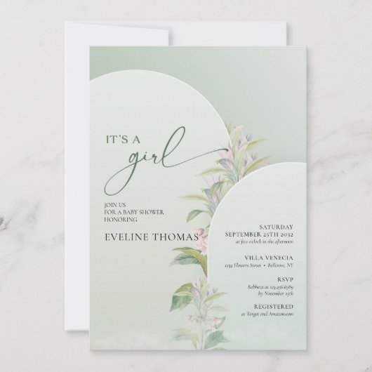 Invitation vert folaige blush floral boho C'est une fille (Devant)