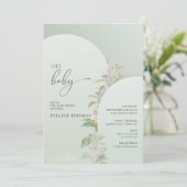 Invitation vert folaige blush floral boho oh bébé (Debout devant)