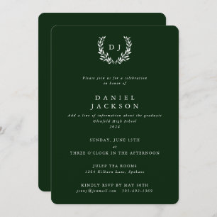 Invitation Vert foncé / Blanc Monogramme Laurel Wreath Gradua