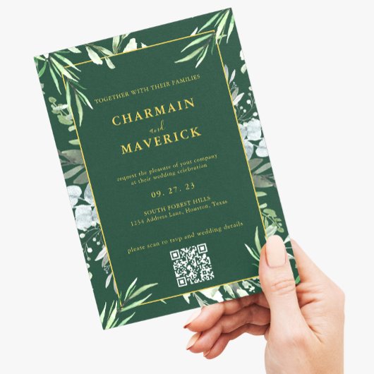 Invitation Vert foncé de la forêt Bordure minimale Texte Or M