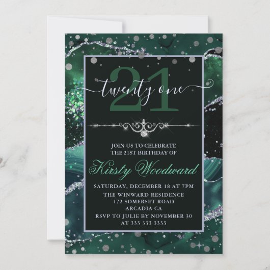 Invitation Vert foncé et argent faux paillettes agate anniver (Devant)