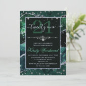 Invitation Vert foncé et argent faux paillettes agate anniver (Debout devant)