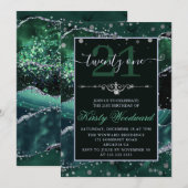 Invitation Vert foncé et argent faux paillettes agate anniver (Devant / Derrière)