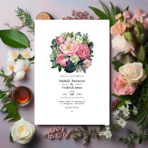 Invitation Vert foncé et Mariage rose pastel