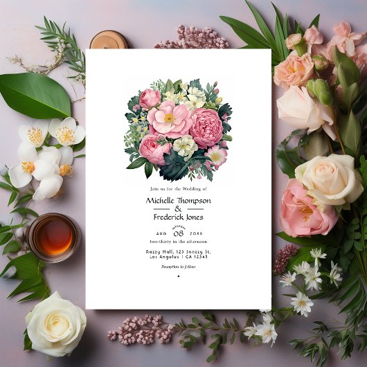 Invitation Vert foncé et Mariage rose pastel