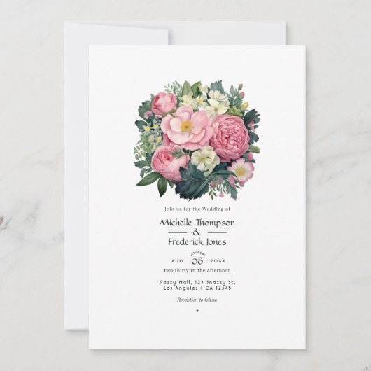 Invitation Vert foncé et Mariage rose pastel (Devant)