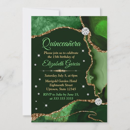 Invitation Vert foncé et or Faux Parties scintillant Agate Qu (Devant)