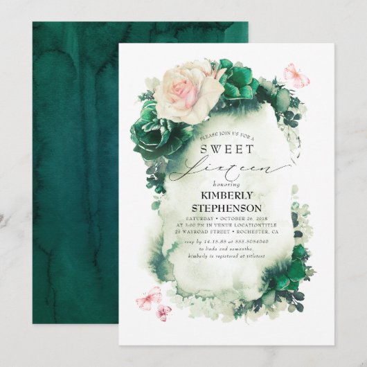 Invitation Vert foncé et rose Floral Bohemian Sweet 16e (Devant / Derrière)