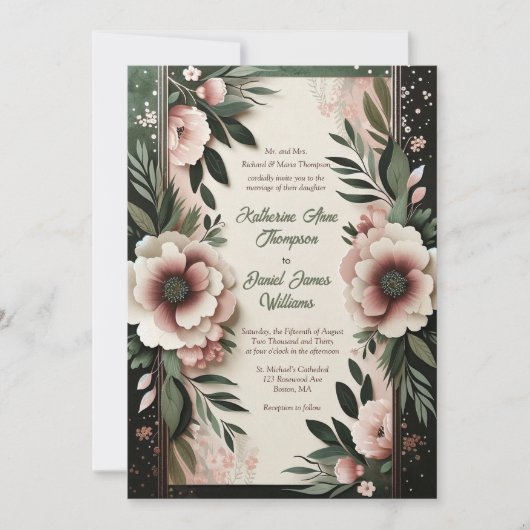 Invitation Vert foncé luxuriant et rose pâle Mariage floral (Devant)