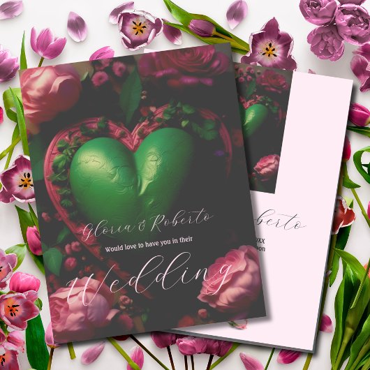 Invitation Vert foncé Milagro Coeur et rose Roses Mariage
