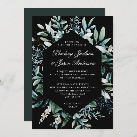 Invitation Vert foncé Moody Élégant Mariage floral (Devant / Derrière)