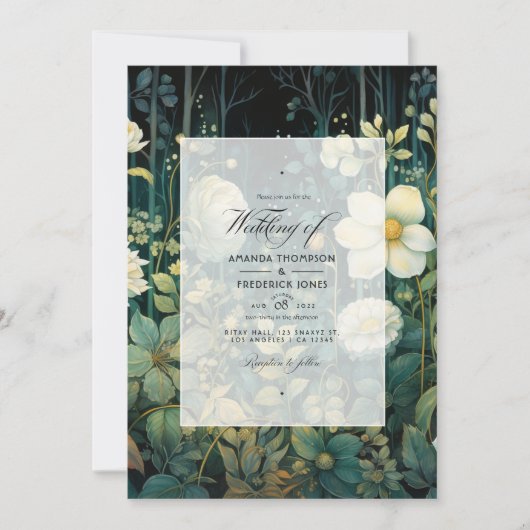 Invitation Vert forêt, blanc et or floral mariage (Devant)