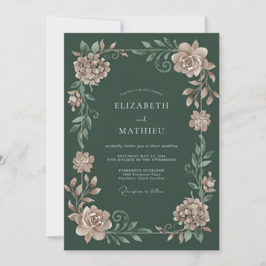 Invitation Vert forêt Fleurs poussiéreuses de mariage (Devant)