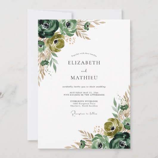 Invitation Vert forêt floral coup de pinceau Mariage (Devant)