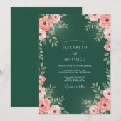 Invitation Vert forêt Rose de mariage exquise (Devant / Derrière)