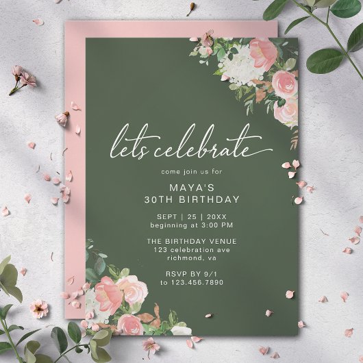 Invitation Vert forêt rose pâle | Jardin floral Anniversaire