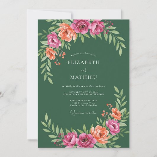 Invitation Vert forêt Rose pêche botanique Mariage (Devant)