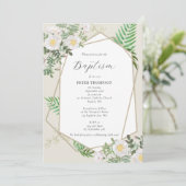 Invitation Vert géométrique or Roses blanches Baptême (Debout devant)