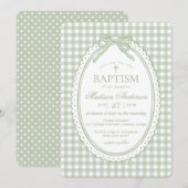 Invitation Vert Gingham Coquette Nœud Baptême (Devant / Derrière)