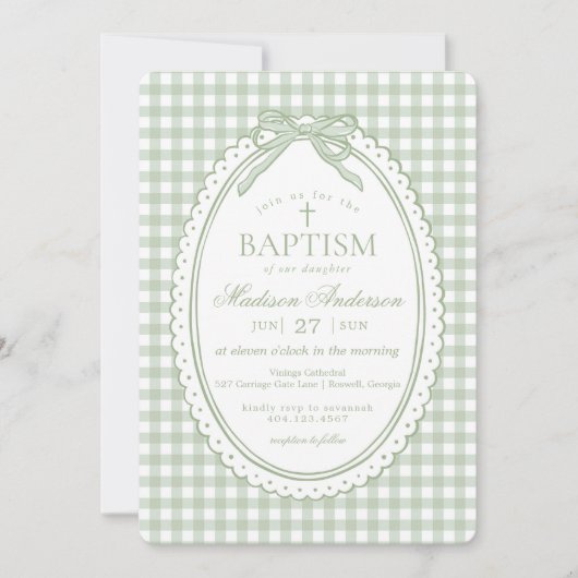 Invitation Vert Gingham Coquette Nœud Baptême (Devant)