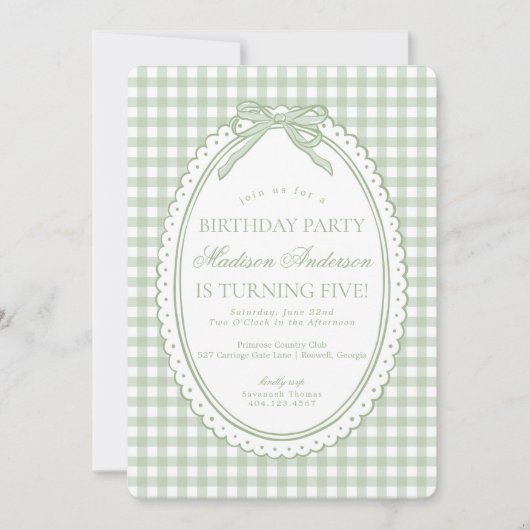 Invitation Vert Gingham Coquette Nœud Fête d'Anniversaire (Devant)