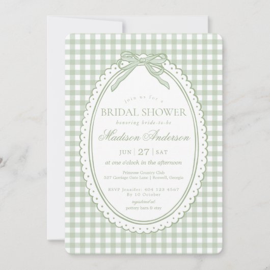 Invitation Vert Gingham Coquette Noeud Papillon Baby Shower M (Devant)