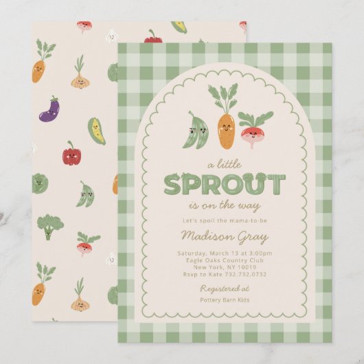 Invitation Vert Gingham Little Sprout sur le chemin de la Fêt (Devant / Derrière)