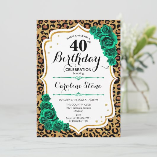 Invitation Vert Gold Empreinte de léopard 40e anniversaire (Debout devant)