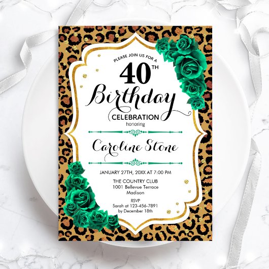 Invitation Vert Gold Empreinte de léopard 40e anniversaire