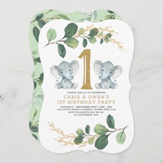 Invitation Vert Gold Twin Elephant 1er anniversaire Wild One (Devant / Derrière)