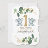 Invitation Vert Gold Twin Elephant 1er anniversaire Wild One (Devant)