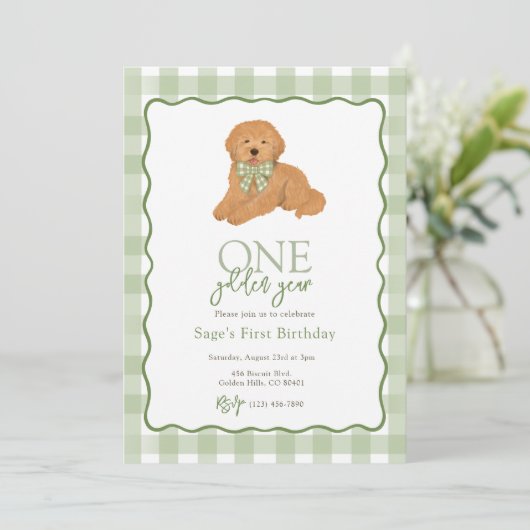 Invitation Vert Goldendoodle Année Dorée Premier Anniversaire (Debout devant)
