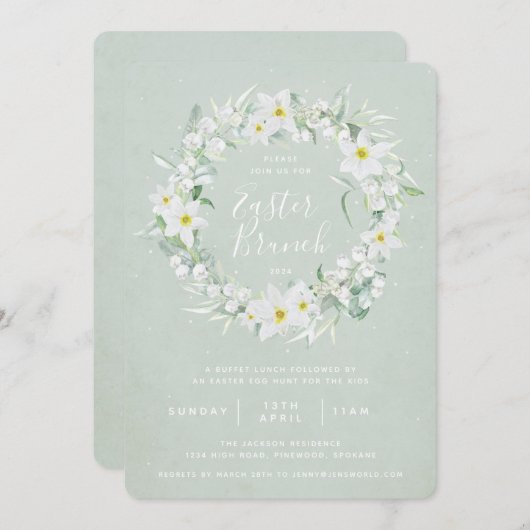 Invitation Vert + Graine de fleurs blanches Brunch de Pâques (Devant / Derrière)