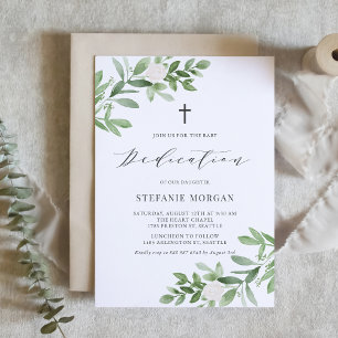 Invitation Vert gris et fleurs blanches Dédication bébé