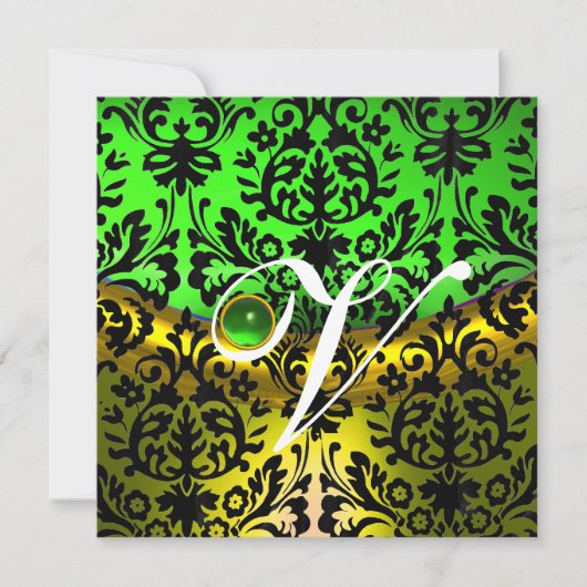 INVITATION VERT JAUNE ÉMERAUDE NOIR DAMAS MONOGRAMME (Devant)