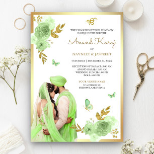 Invitation Vert lime floral Punjabi Anand Karaj mariage Sikh