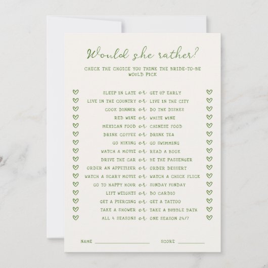 Invitation Vert manuscrit Voudrait-elle plutôt Game Card (Devant)