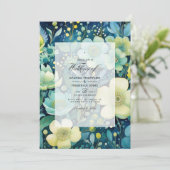 Invitation Vert, Marine, Bleu pâle et Mariage Floral Or (Debout devant)