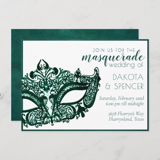 Invitation Vert mascarade | Dark Emerald Mardi Gras Mariage (Devant / Derrière)