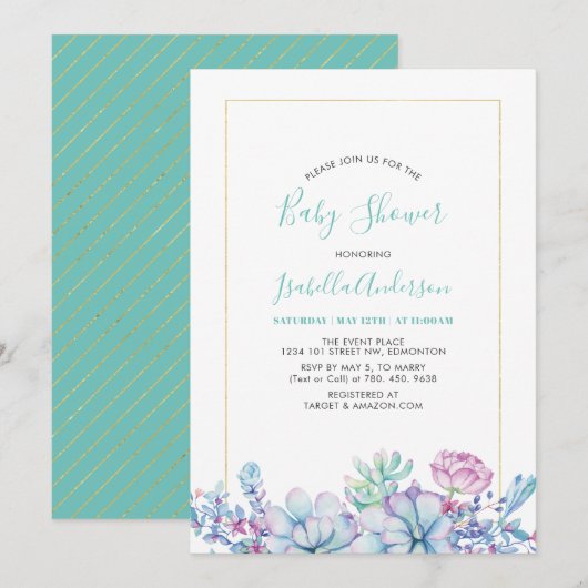 Invitation Vert menthe | Baby shower Tropical Succulents (Devant / Derrière)