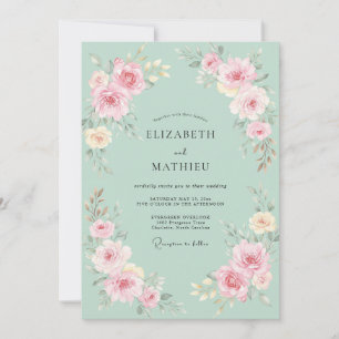 Invitation Vert Menthe Douce Florale Élégante Mariage