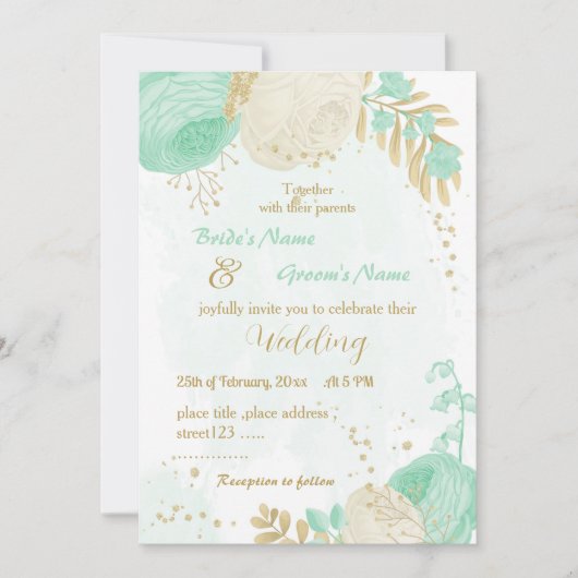 Invitation vert menthe et fleurs blanches or fleuri mariage (Devant)