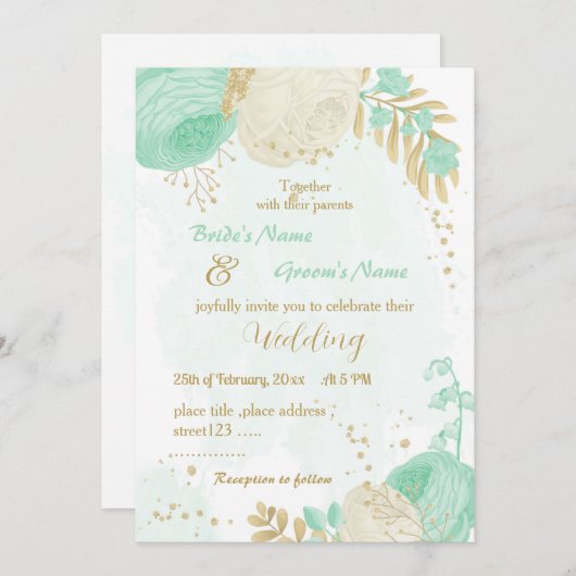 Invitation vert menthe et fleurs blanches or fleuri mariage (Devant / Derrière)