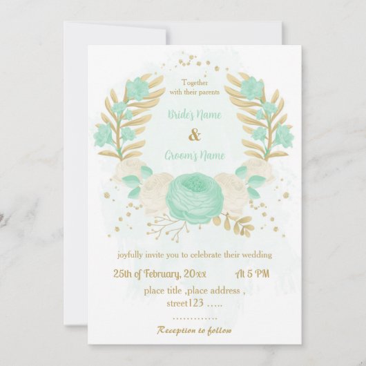 Invitation vert menthe et fleurs blanches or fleurir mariage  (Devant)