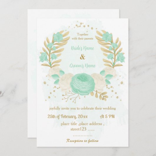 Invitation vert menthe et fleurs blanches or fleurir mariage (Devant / Derrière)