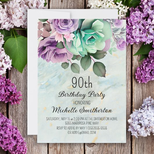Invitation Vert Menthe Fleur Papillon 90e Anniversaire 